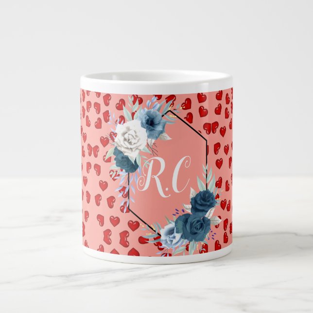 Grande Tasse Élégant Bleu Poussiéreux Floral & Cœurs Rouges Mon (Devant)