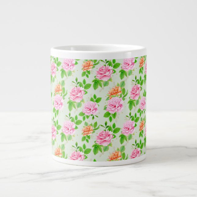 Grande Tasse Elegant Floral Roses Green Leaves Pattern-23675 (Devant)
