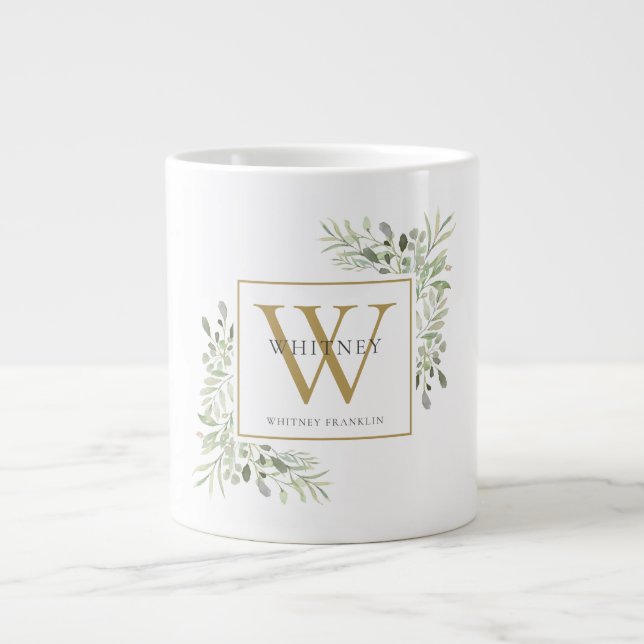 Grande Tasse Élégant Monogramme Moderne de Feuillage Doré (Devant)