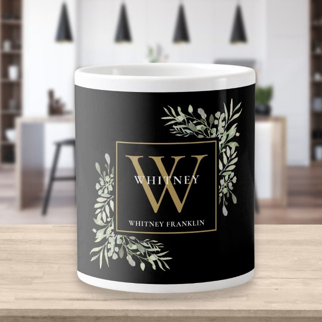 Grande Tasse Élégant Monogramme Moderne de Verdure Noir en Or (Créateur téléchargé)
