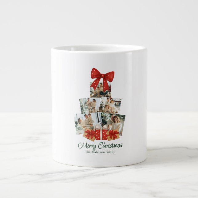 Grande Tasse Elégante aquarelle Bow rouge famille sapin de Noël (Devant)