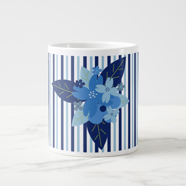 Grande Tasse Élégantes rayures florales monochromatiques bleu (Devant)