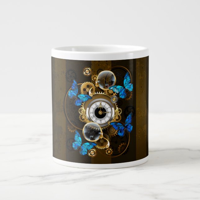 Grande Tasse Engrenages à vapeur et papillons bleus (Devant)