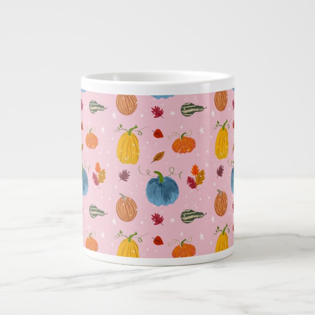 Grande Tasse  Fall Leaves and Gourds on Pink Background (Devant)