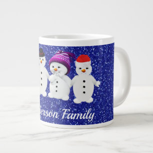 Grande Tasse Famille de quatre Snowmen Blue Sparkle Winter