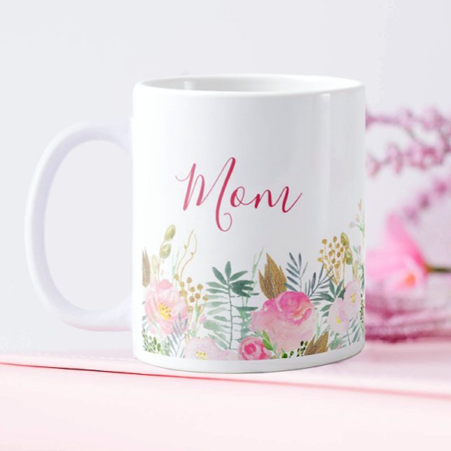 Grande Tasse Fête des Mères fleurs roses (Pink Floral Coffee Mug for Mom)
