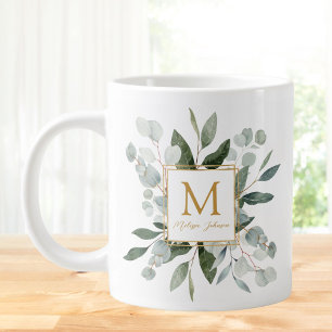 Grande Tasse Feuilles tropicales vertes aquarelle Monogramme