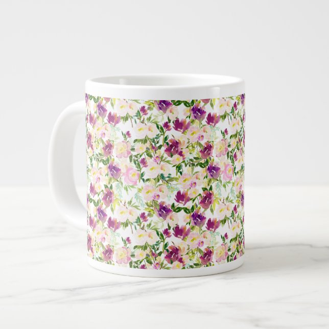 Grande Tasse Fille Rose Peach Purple Burgundy Aquarelle Florale (Devant gauche)