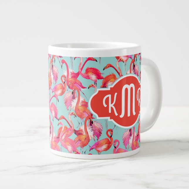 Grande Tasse Flamants roses aquarelles rassemblés| Monogramme (Devant droit)