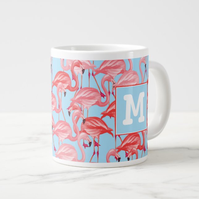 Grande Tasse Flamants roses rose Clair Sur Bleu| Ajouter votre  (Devant droit)