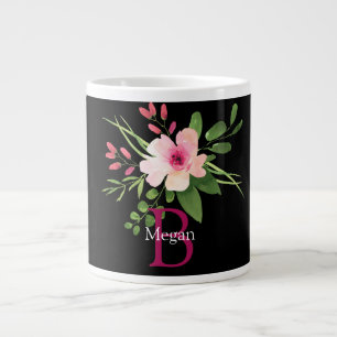 Grande Tasse Fleur aquarelle, nom et monogramme sur fond noir