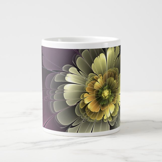 Grande Tasse Fleur fractale grise pourpre moderne abstraite (Devant)