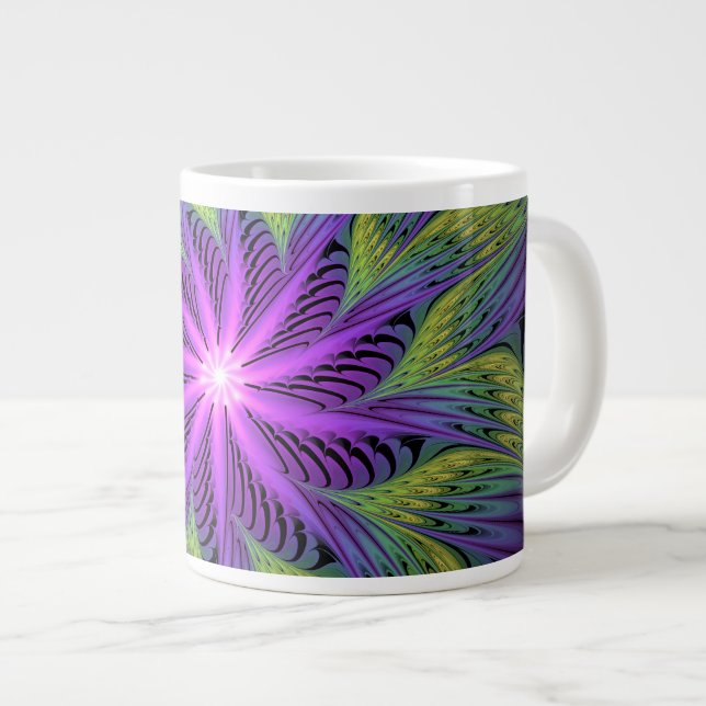Grande Tasse Fleur verte violette Art fractal abstrait moderne (Devant droit)