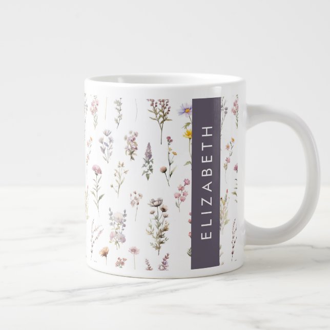 Grande Tasse Fleurs colorées, Fleurs sauvages, Verdure, Votre N (Droite)