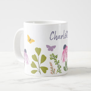 Grande Tasse Fleurs de jardin et papillons Nom personnalisé