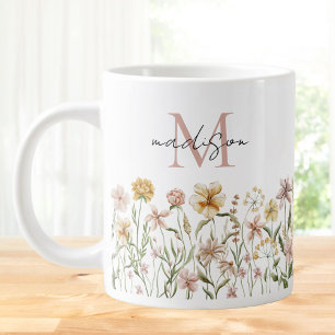Grande Tasse Fleurs de prairie sauvage aquarelle monogrammée