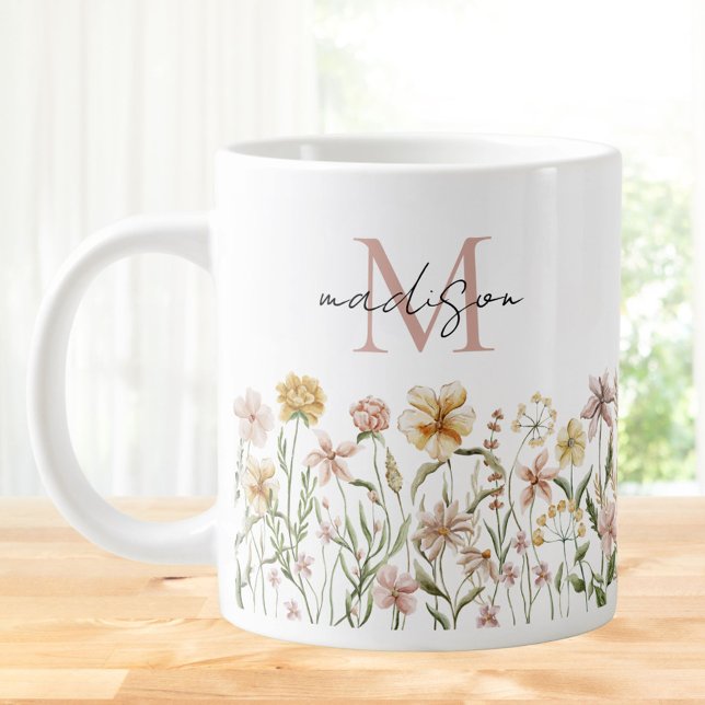 Grande Tasse Fleurs de prairie sauvage aquarelle monogrammée (In situ)