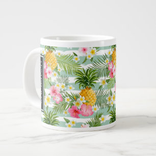 Grande Tasse Fleurs et ananas Turquoises Ajouter votre nom