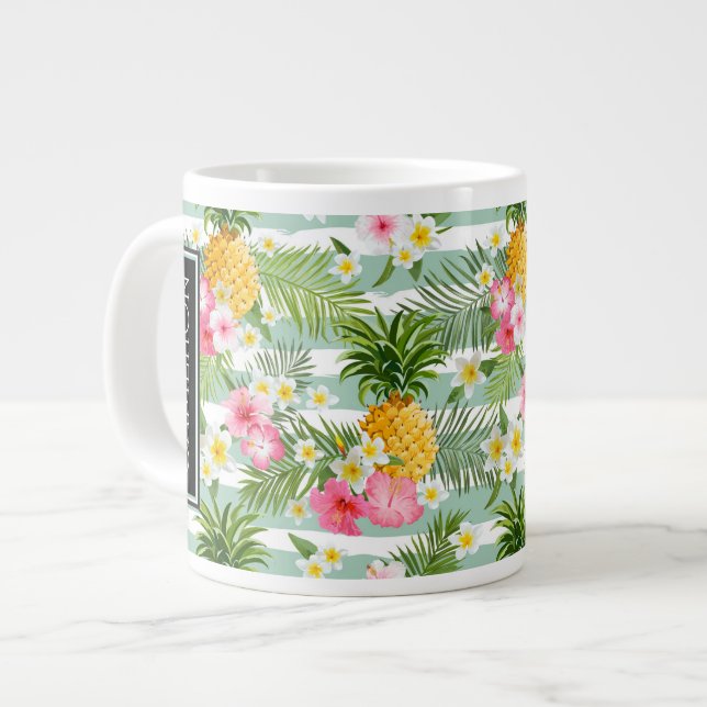 Grande Tasse Fleurs et ananas Turquoises| Ajouter votre nom (Devant gauche)