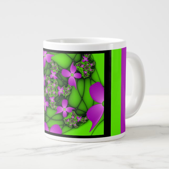 Grande Tasse Fleurs fractales abstraites modernes rose vert néo (Devant droit)