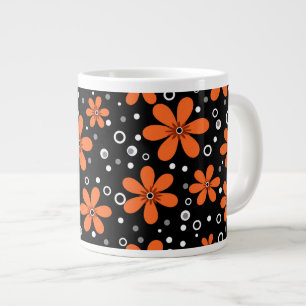 Grande Tasse Fleurs orange vif sur fond noir avec des pois blan