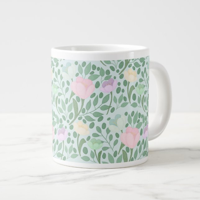 Grande Tasse Fleurs pastel douces sur fond bleu (Devant droit)