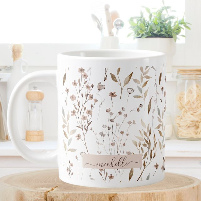 Grande Tasse Fleurs sauvages brunes délicates Monogramme Feuill (In situ)