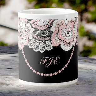 Grande Tasse Flirté et délicat Rose Rose Faux Dentelles et Perl