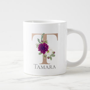 Grande Tasse Floral Alphabet, lettre de nom personnalisée "T"