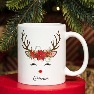 Grande Tasse Floral Christmas Reindeer Nom personnalisé