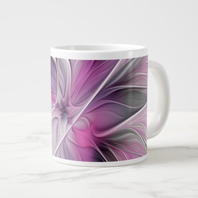 Grande Tasse Floral Fractal moderne Fleur Abstraite rose gris (Devant droit)