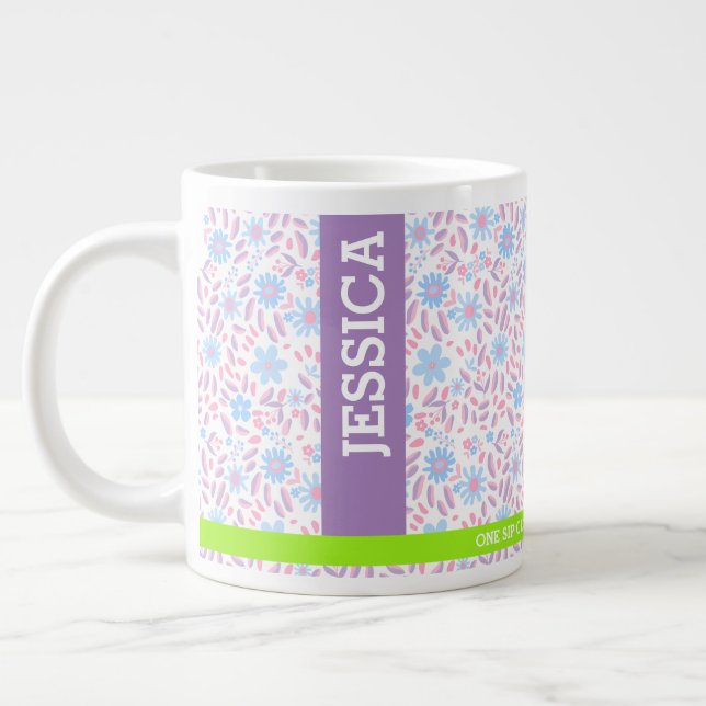 Grande Tasse Floral pourpre Nom personnalisé & Monogramme (Gauche)