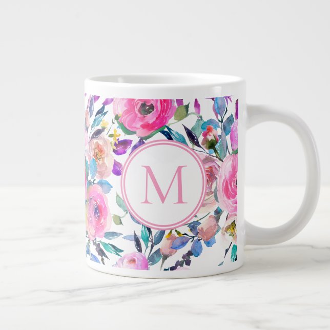 Grande Tasse Floral rose monogramme personnalisé (Droite)