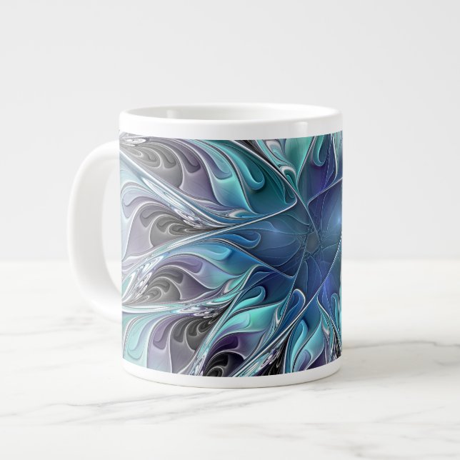 Grande Tasse Flourish Abstract Modern Fractal Flower With Blue (Devant gauche)