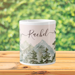 Grande Tasse Forêt de pins et montagne rustique à l'aquarelle