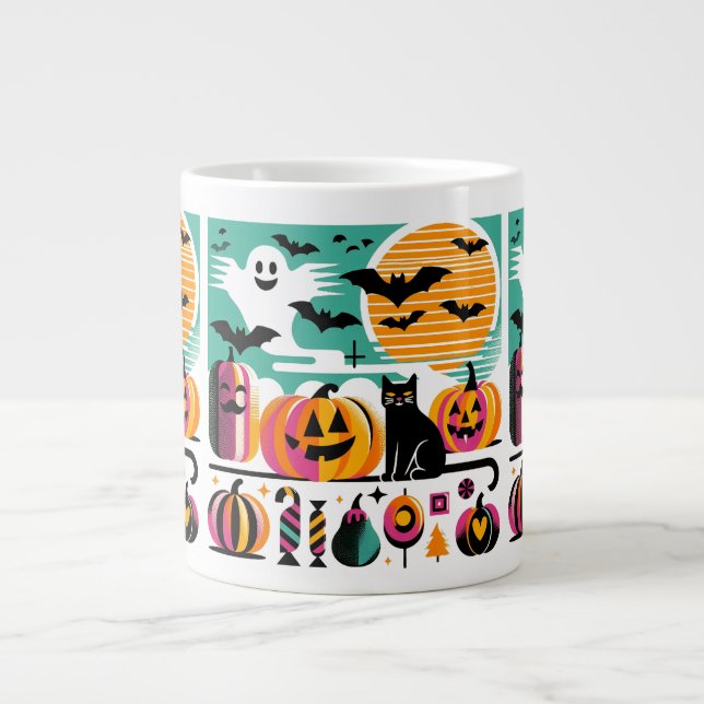 Grande Tasse Funky Retro Wave Halloween Pumpkin Black Cat Ghost (Devant)