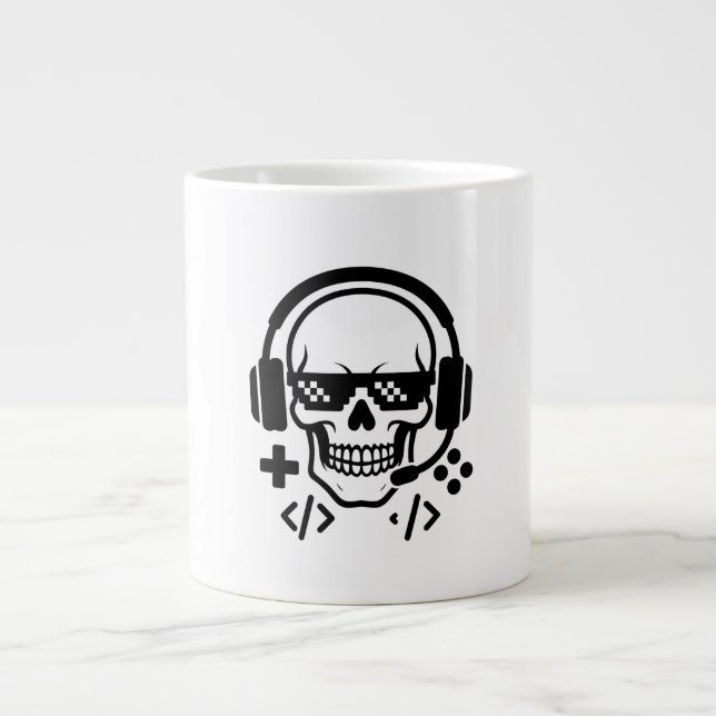 Grande Tasse Gamer Skull Headset Pixel Glasses | Bold Black Vec (Devant)