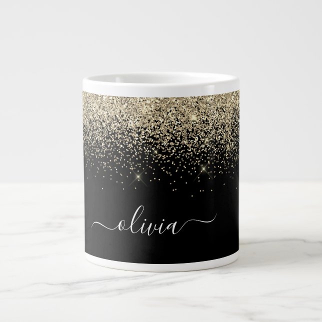 Grande Tasse Gold Black Parties scintillant Moderne Monogramme  (Devant)