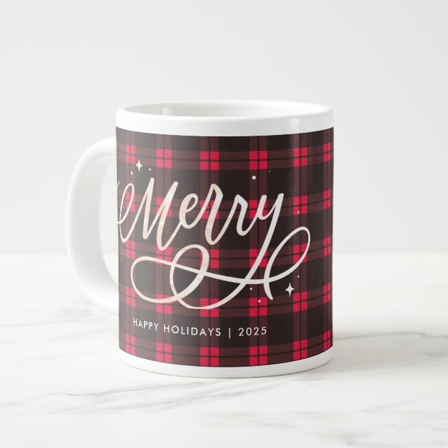 Grande Tasse Gold Script Sparkly Merry Holiday Plaid Photo Cade (Devant gauche)
