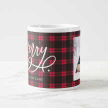 Gold Script Sparkly Merry Holiday Plaid Photo Cade
