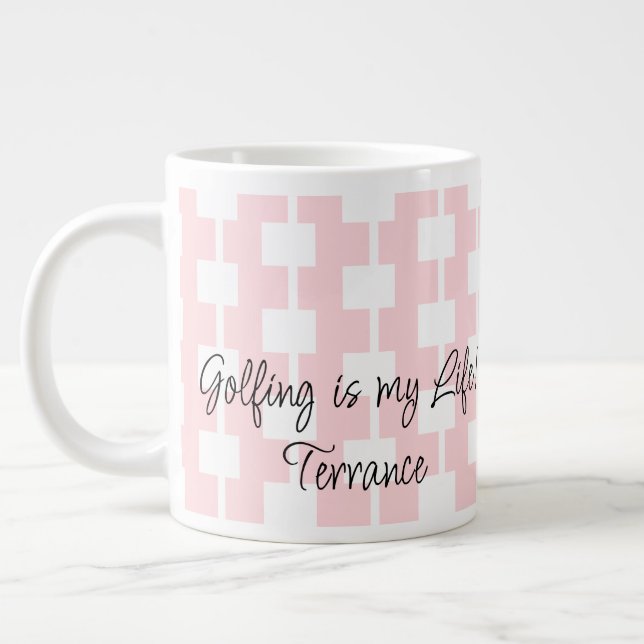 Grande Tasse Golfers Mug, le golf est ma vie ! Carré rose blanc (Gauche)