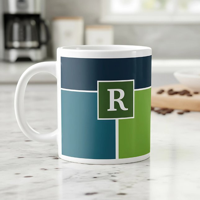 Grande Tasse Grandes bandes en bleu et vert avec Monogrammes (coffee mug in blue and green with monogram)