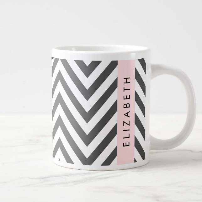 Grande Tasse Grey Zigzag, Grey Chevron, Rose, Votre Nom (Droite)
