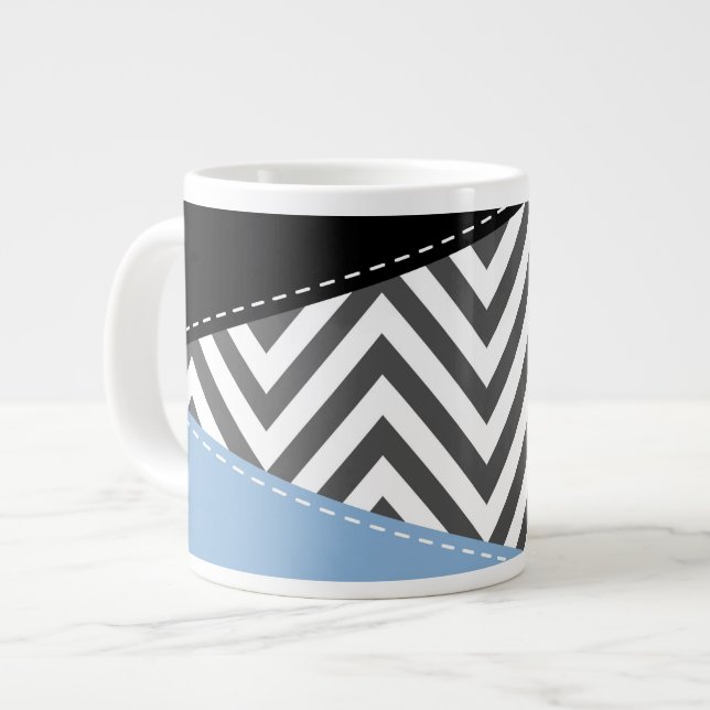 Grande Tasse Gris Zigzag, Gris Chevron, Motif Zigzag, Bleu (Devant gauche)