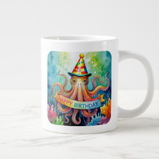 Grande Tasse Happy Birthday Octopus Party Hat Watercolor Design