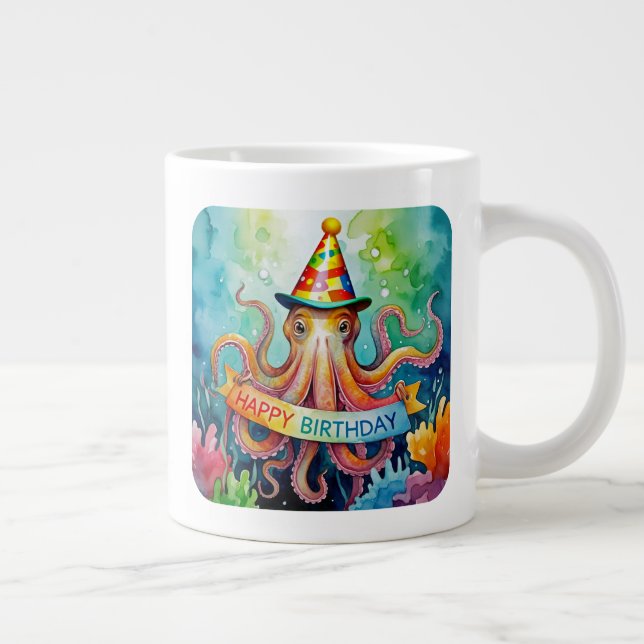Grande Tasse Happy Birthday Octopus Party Hat Watercolor Design (Droite)