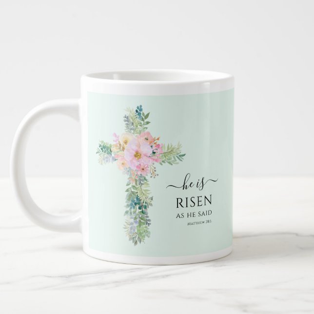 Grande Tasse Il est ressuscité Verdure Aquarelle Croix Pâques (Gauche)