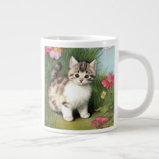 Grande Tasse Illustration vintage de chat avec Fleurs rouges
