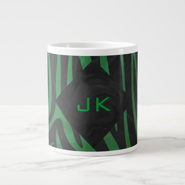 Grande Tasse Imprimé noir et vert monogramme zèbre (Devant)