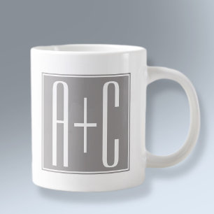 Grande Tasse Initiales de couples ou autre texte Blanc & Gris